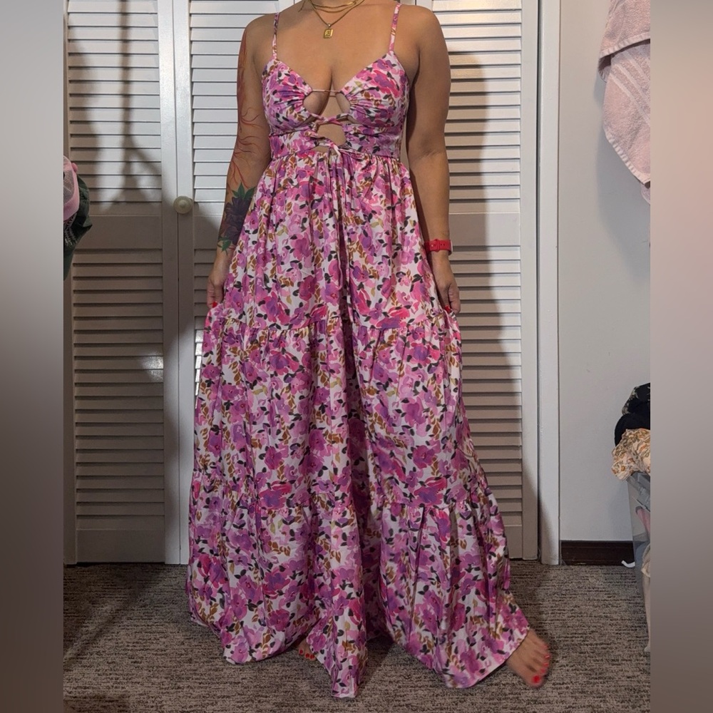 Floral Pink Women's Long Summer Dress Cross Tie-up front